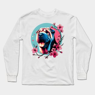 Joyful Chinese Shar-Pei Amidst Spring Cherry Blossoms Long Sleeve T-Shirt